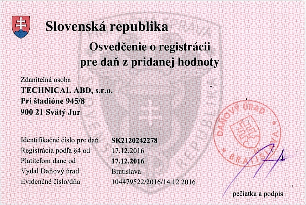 Osvedčenie o registrácii pre DPH